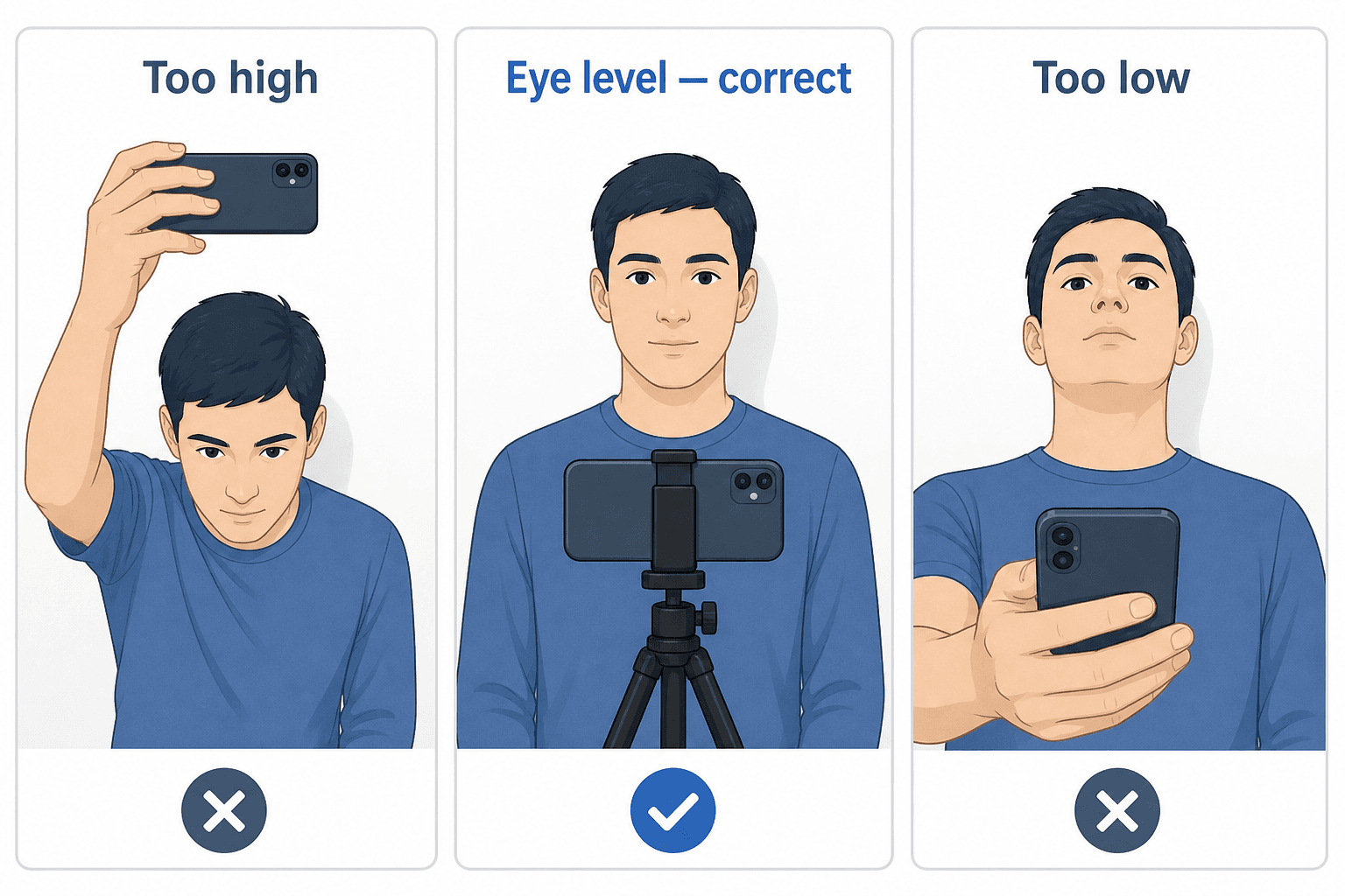 Diagram comparing phone camera angles for a passport photo: too high, eye level (correct), and too low