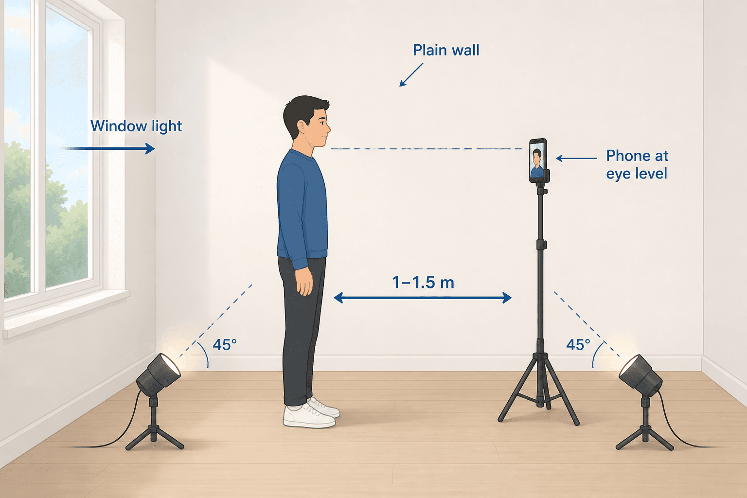 Diagram of a home lighting setup for a phone passport photo: window in front, plain wall behind, phone on a tripod at eye level